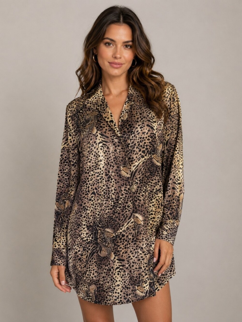 Misho Silk Long Sleeve Léopard Print Tan/Black Shirt/Tunic/Dress. Size 10